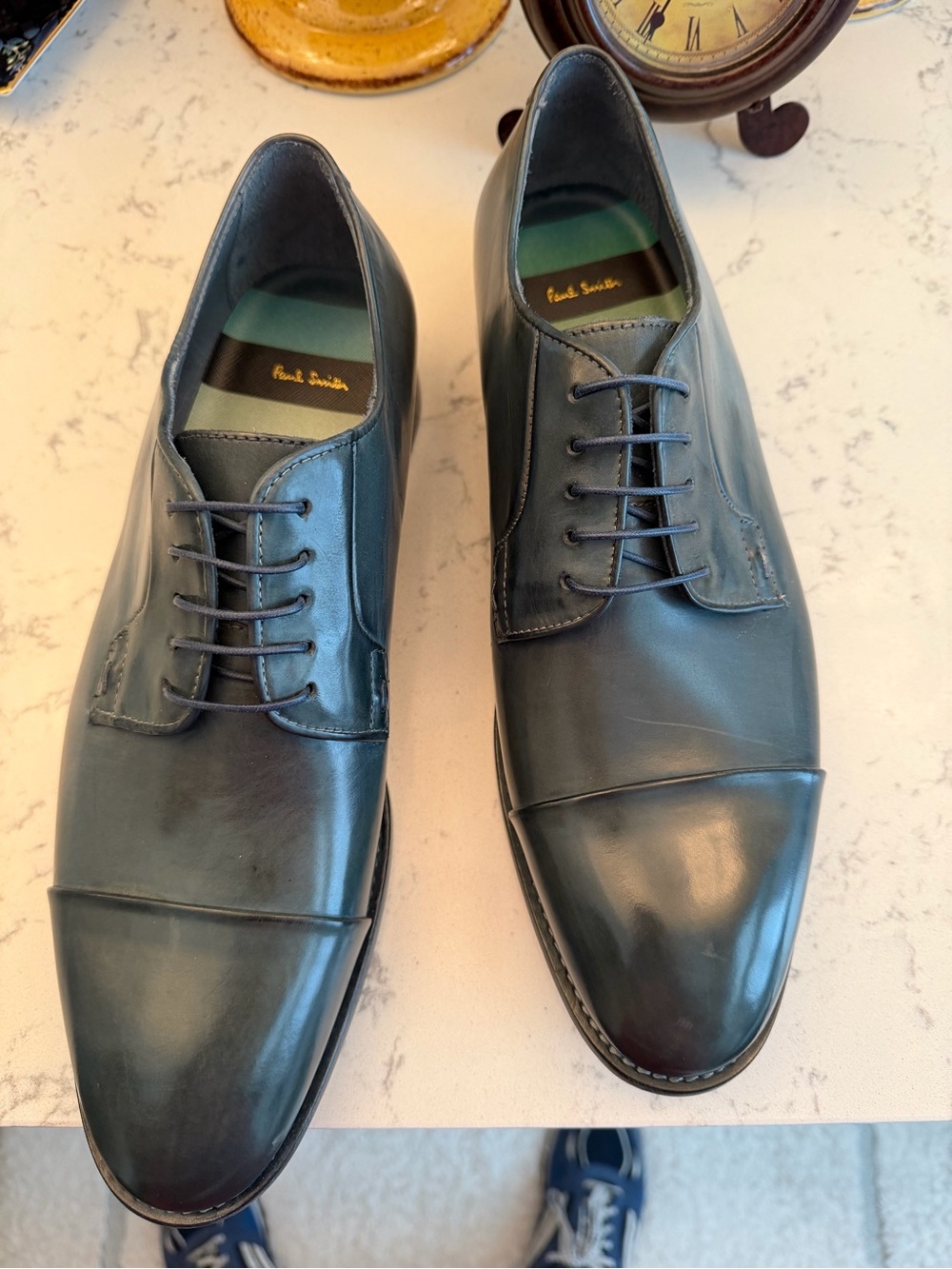 Paul Smith Black Leather Cap-Toe Derbys with Subtle Green Insole Accents